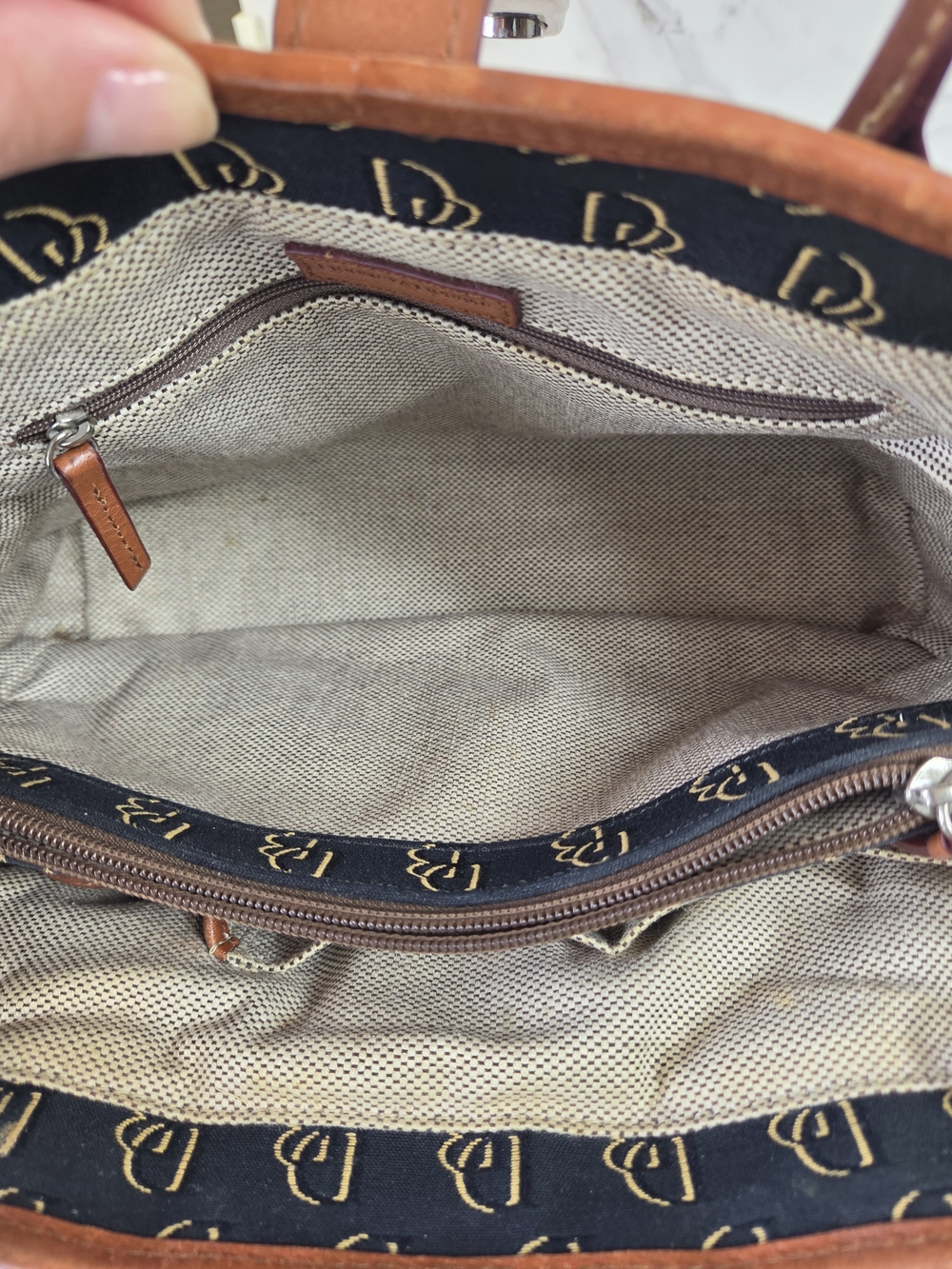 Dooney & Bourke Black Monogram Satchel with Brown Leather Trim - Picture 14 of 16